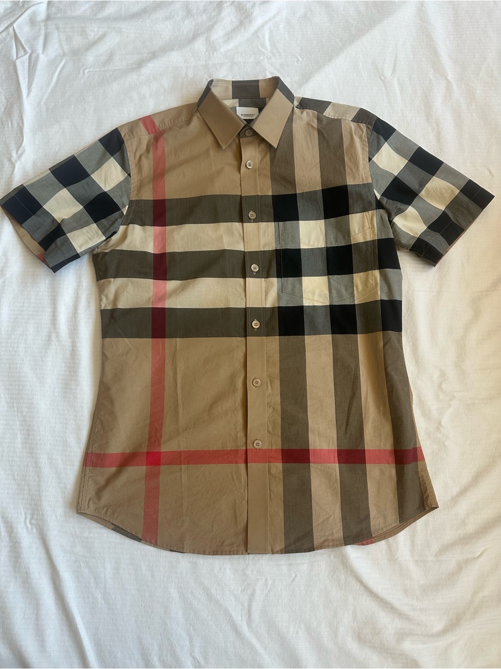 Burberry Tan, Black & Red Short-Sleeve Check Button-Down Shirt
